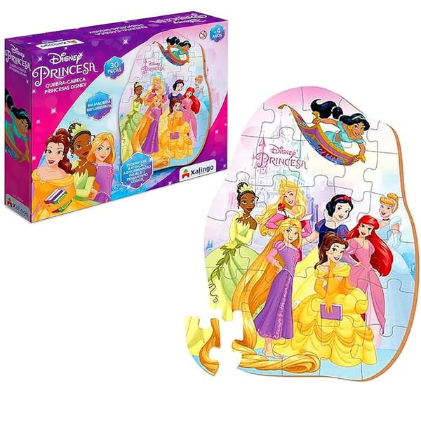 Imagem de Quebra-Cabeças de Brinquedo Princesas Disney em Madeira Original Xalingo 30 Peças