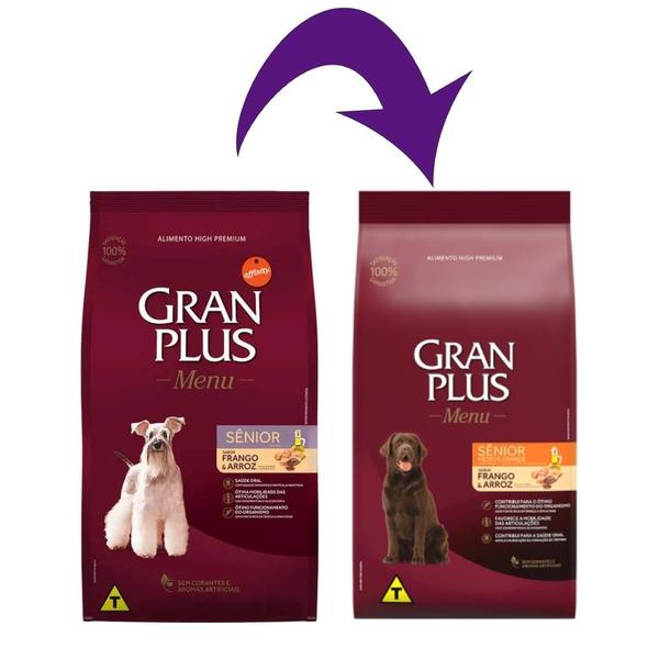 Ração Affinity PetCare Gran Plus Menu Sênior Frango e Arroz para Cães Idosos - 15 Kg - GranPlus Imagem de Ração Affinity PetCare Gran Plus Menu Sênior Frango e Arroz para Cães Idosos - 15 Kg