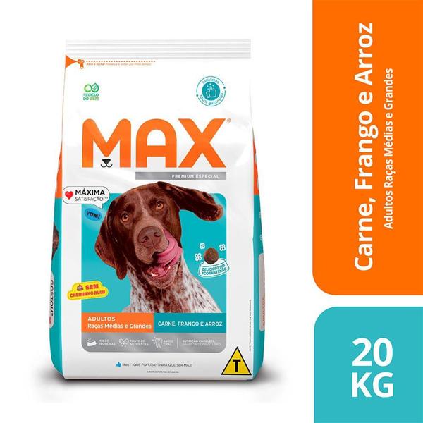 Imagem de Ração Max Premium Especial Cães Adultos Sabor Carne, Frango e Arroz 20 Kg - TOTAL