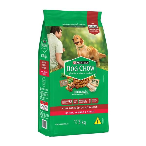 Imagem de Ração para Cães Dog Chow Extra Life Adultos Médios e Grandes Carne, Frango e Arroz 3kg