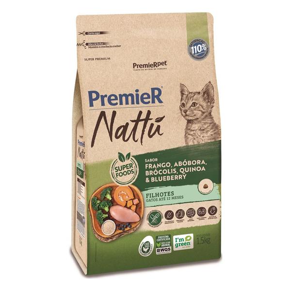 Imagem de Ração Premier Nattu Gatos Filhotes sabor Frango, Abóbora, Brócolis, Quinoa e Blueberry 1,5 Kg