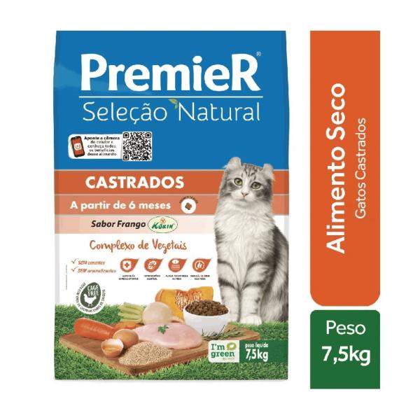 Imagem de Ração Premier Seleção Natural Gatos Castrados Frango Korin 7,5 kg