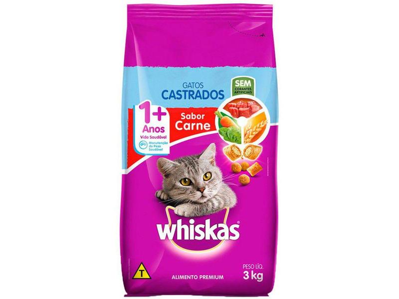 Ração Premium para Gato Castrado Whiskas Adulto - Carne 3kg Imagem de Ração Premium para Gato Castrado Whiskas Adulto - Carne 3kg