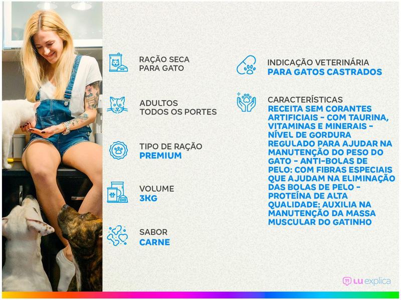Ração Premium para Gato Castrado Whiskas Adulto - Carne 3kg Imagem de Ração Premium para Gato Castrado Whiskas Adulto - Carne 3kg