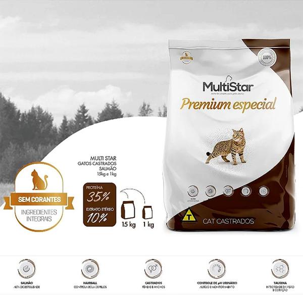 Imagem de Ração Seca Multi Star Cat Premium Especial Sabor Salmão para Gatos Adultos Castrados - 10,1Kg