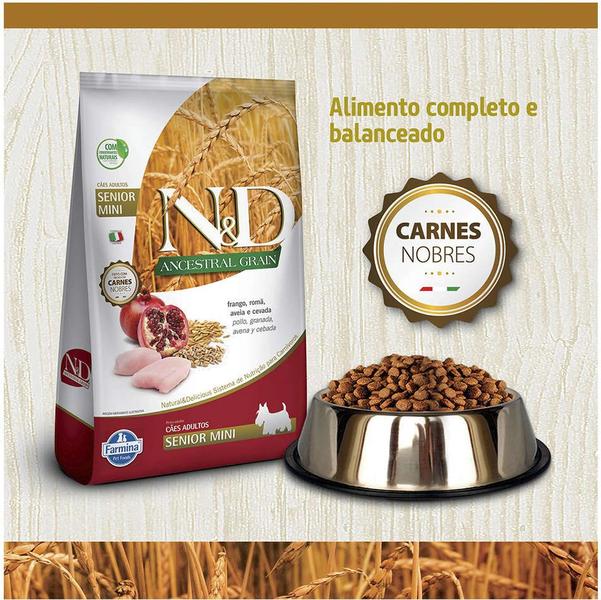 Imagem de Ração Seca ND Ancestral Grain Canine FrangoRomã Senior Mini Breeds para Cães   6 de Raças Mini - 800Gr