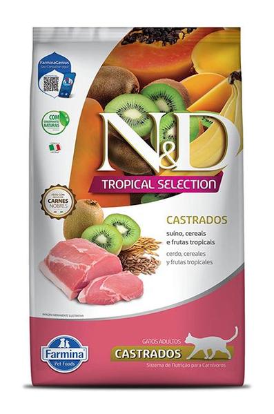 Imagem de Ração Seca ND Tropical Selection Suíno, Cereais e Frutas Tropicais para Gatos Adultos Castrados - 400Gr