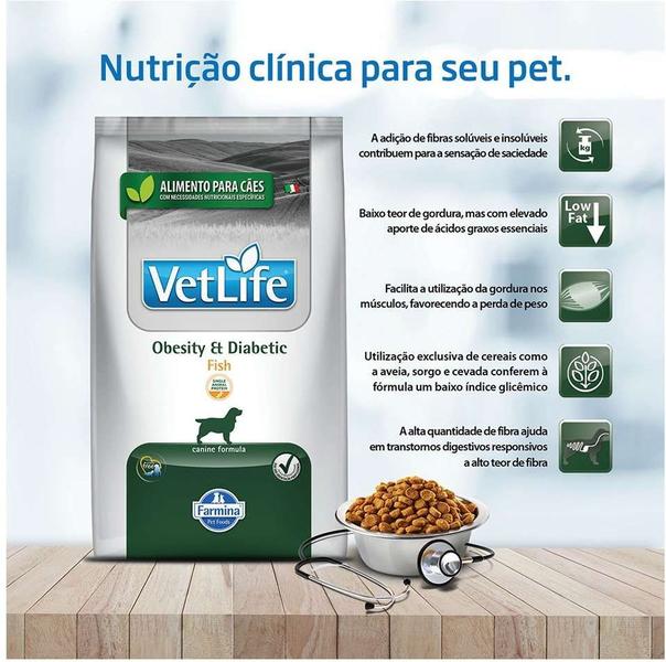 Imagem de Ração Seca Vet Life Natural Obesity e Diabetic Fish para Cães Adultos Obesos e/ou com Diabetes Mellitus - 10,1Kg