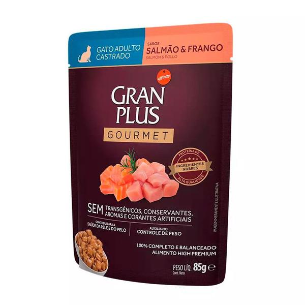 Imagem de Ração Úmida Gran Plus Sachê Gatos Gourmet Castrados Salmão e Frango - 85g