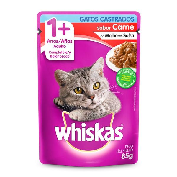 Imagem de Ração Úmida para Gatos Whiskas Adultos 1+ Anos Castrados Sabor Carne em Sachê 85g