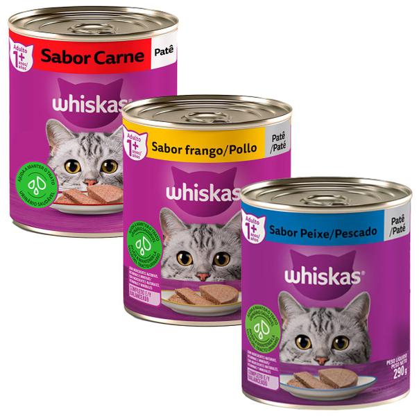 Imagem de Ração Whiskas Lata Patê Carne Frango e Peixe 290g 3 Unid Gatos Adultos Alimento Úmido