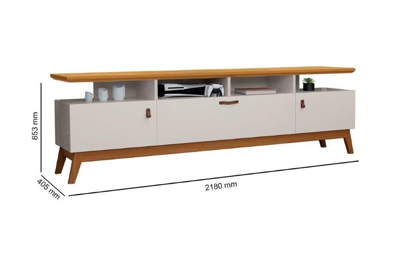 Imagem de Rack ABS 2.18m Estilo Retrô Com Pés em Madeira e Puxadores em Couro Para TV Até 75'' Com Nichos Para Aparelhos TV Até 75'' Cor Off White/Nature