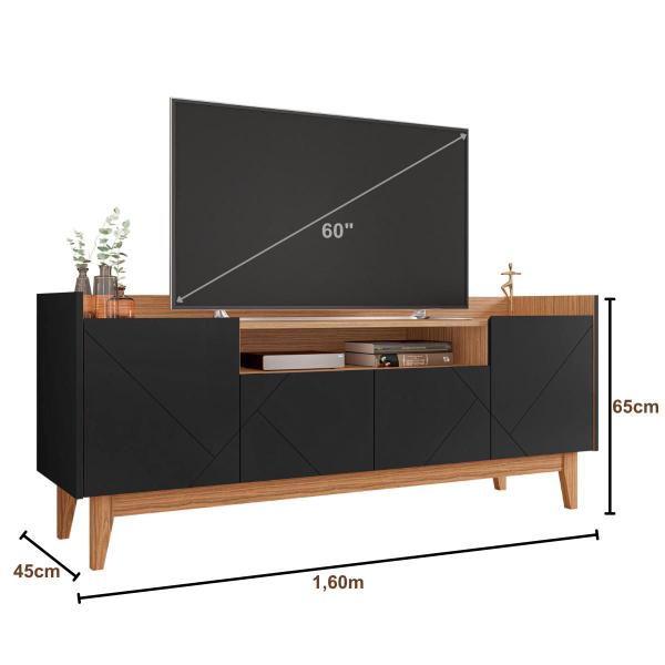 Imagem de Rack Aparador Bancada para Sala de Estar com Capacidade para Tv's de até 60 Polegadas com Pés de Madeira Maciça Adria 1,60m Casa D - Preto/Noce