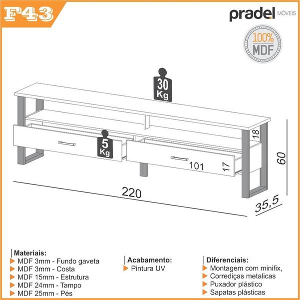 Imagem de Rack Bancada 220cm TV Industrial Dalla Costa 100% Mdf