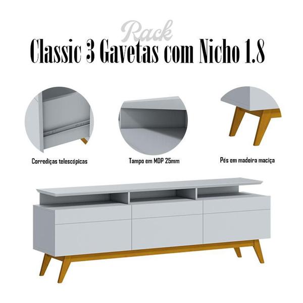 Imagem de Rack Bancada 3 Gavetas com Nicho e Painel para Tv Classic 1.8 Branco Acetinado - Imcal