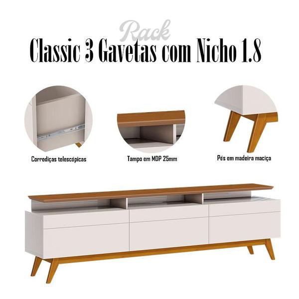 Imagem de Rack Bancada 3 Gavetas com Nicho e Painel para Tv Classic 1.8 Off White Freijó - Imcal