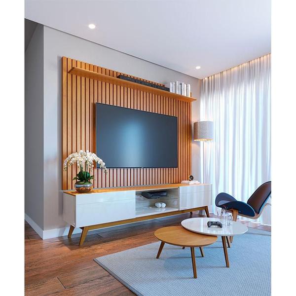 Rack Bancada Ambiente Classic 2 Gavetas com Painel para TV Suspenso Ripado Loft 1.8 Off White Nature - Imcal Imagem de Rack Bancada Ambiente Classic 2 Gavetas com Painel para TV Suspenso Ripado Loft 1.8 Off White Nature - Imcal