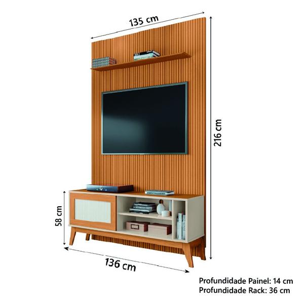 Imagem de Rack Bancada Caribe Com Painel Para TV Até 55 Polegadas 1,35m Egeo Cedro/Off White Ripado Impressão 3D EDN