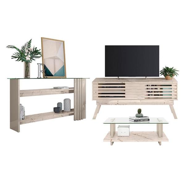 Rack Bancada com Aparador e Mesa de Centro Frizz 1.5 Calacata Off White Madetec Imagem de Rack Bancada com Aparador e Mesa de Centro Frizz 1.5 Calacata Off White Madetec