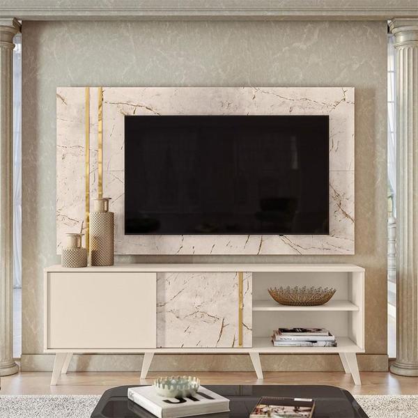 Rack Bancada e Painel para TV Cronos com Mesa de Centro Indianápolis Calacata Off White Madetec Imagem de Rack Bancada e Painel para TV Cronos com Mesa de Centro Indianápolis Calacata Off White Madetec