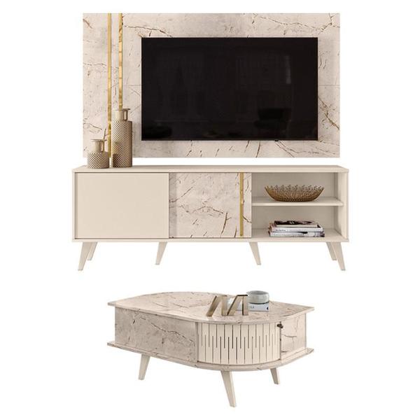 Rack Bancada e Painel para TV Cronos com Mesa de Centro Indianápolis Calacata Off White Madetec Imagem de Rack Bancada e Painel para TV Cronos com Mesa de Centro Indianápolis Calacata Off White Madetec