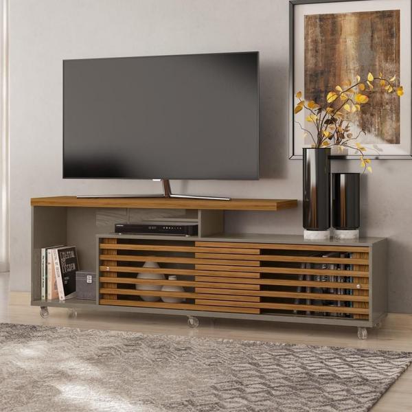 Imagem de Rack Bancada Home Para TV Até 65" 2 Portas Deslizantes Sala Estar Madetec Fendi Marrom e Madeira