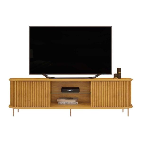 Imagem de Rack Bancada p/TV até 75 Pol Atlas 100% MDF c/ Ripado e Pés 218x62cm Off White - DJ Móveis