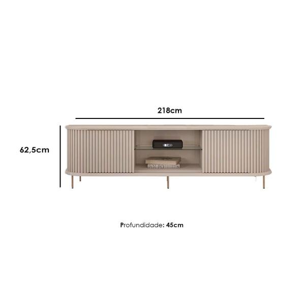 Imagem de Rack Bancada p/TV até 75 Pol Atlas 100% MDF c/ Ripado e Pés 218x62cm Off White - DJ Móveis