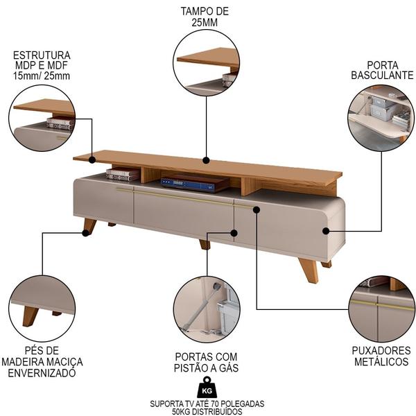 Imagem de Rack Bancada Para TV 70 Pol 200cm 3 Portas Amago H01 Off White/Cinamomo - Mpozenato