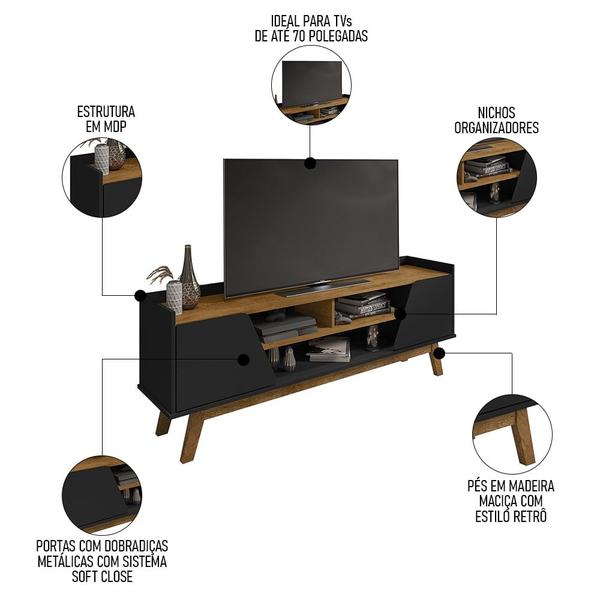 Imagem de Rack Bancada para TV 70 Pol Pés Retrô 180cm Flora B02 Preto/Naturalle - Mpozenato