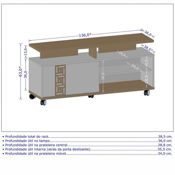 Imagem de Rack Bancada Para TV Até 52 Pol. com Rodízios 1 Porta Topázio Cinamomo/Off White - Bechara