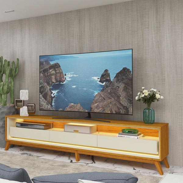 Imagem de Rack Bancada para TV de 85” Gelius Requinte largura 260 100% MDF com 03 gavetas LED e pés de madeira Naturale OFF White