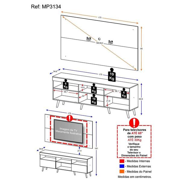 Imagem de Rack c/ Painel e Suporte p/ TV 65" e Pés Retrô Flórida Multimóveis Duna/Natural