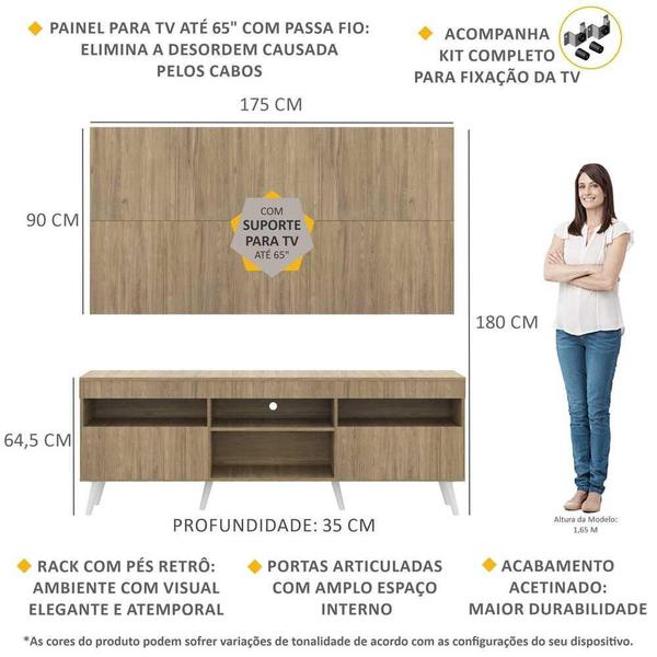 Imagem de Rack c/ Painel e Suporte TV 65" Londres Multimóveis Pés Retrô Rustic/Branco