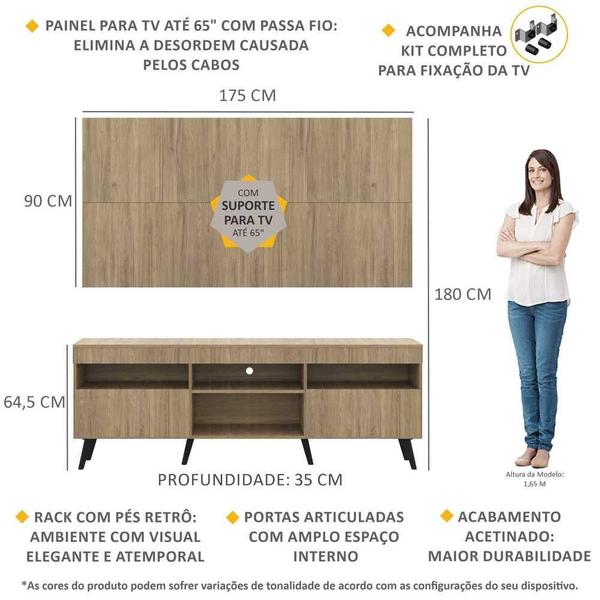 Imagem de Rack c/ Painel e Suporte TV 65" Londres Multimóveis Pés Retrô Rustic/Preto