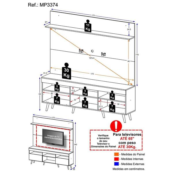 Imagem de Rack c/ Painel e Suporte TV 65" Madri Multimóveis Branco/Preto com Prateleira e Pés Retrô Branco