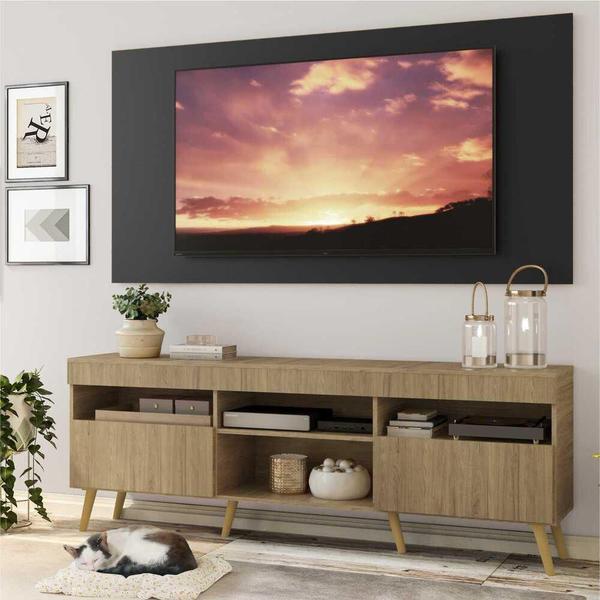 Imagem de Rack c/ Painel e Suporte TV 65" Rustic/Preto Londres Multimóveis Pés Retrô Natural