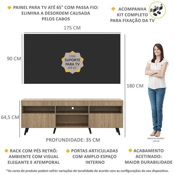 Imagem de Rack c/ Painel e Suporte TV 65" Rustic/Preto Londres Multimóveis Pés Retrô Preto