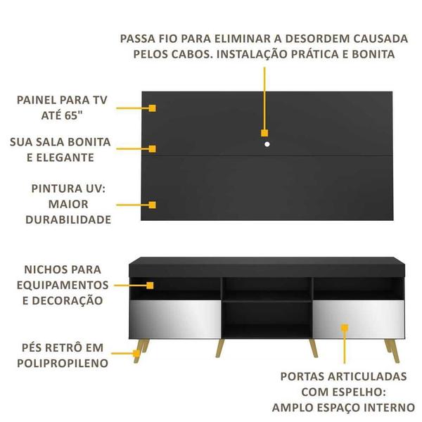 Imagem de Rack c/ Painel P/TV 65", espelho e pés retrô Flórida Multimóveis Preto/Natural