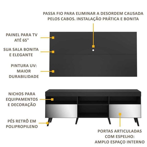 Imagem de Rack c/ Painel P/TV 65", espelho e pés retrô Flórida Multimóveis Preto