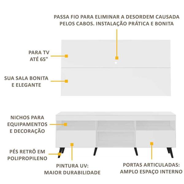 Imagem de Rack c/ Painel p/ TV até 65" e Pés Retrô Flórida Multimóveis  Branco/Preto