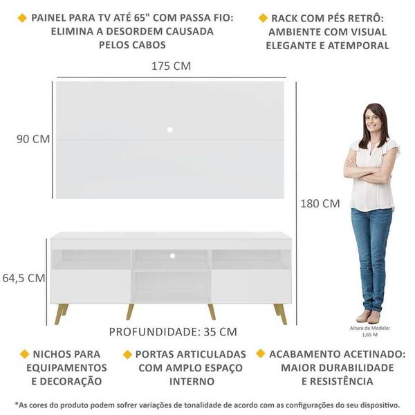 Imagem de Rack c/ Painel TV 65" Londres Multimóveis Pés Retrô Branco/Natural