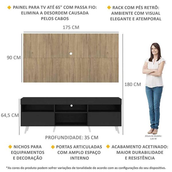 Imagem de Rack c/ Painel TV 65" Preto/Rustic Londres Multimóveis Pés Retrô Branco