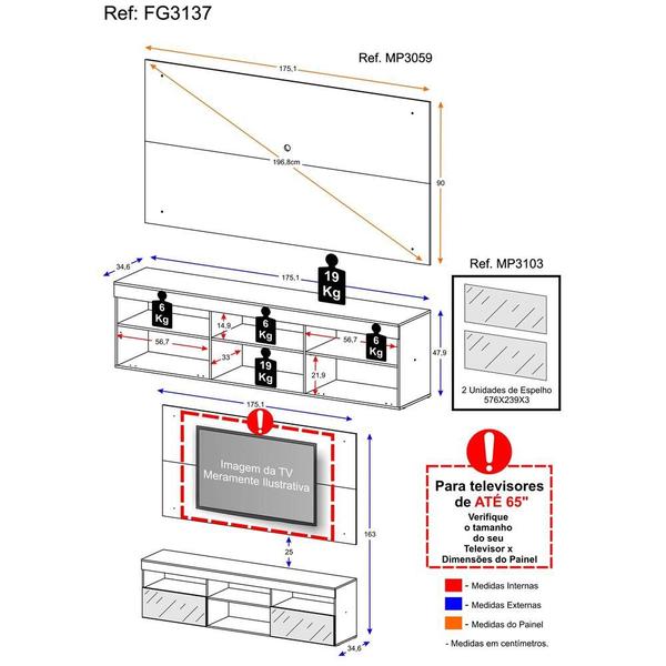 Imagem de Rack com Espelho e Painel para TV até 65" Multimóveis Flórida FG3137 Madeirado