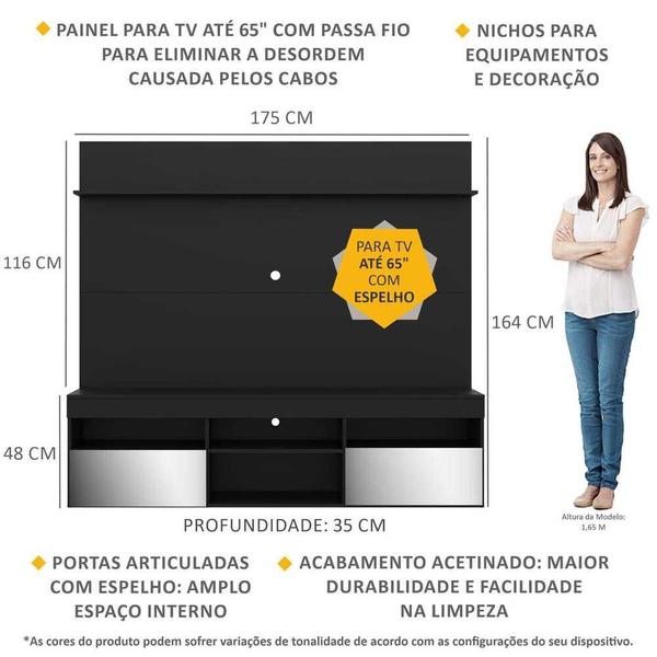 Imagem de Rack com Espelho e Painel TV 65" com Prateleira Madri Multimóveis Preto