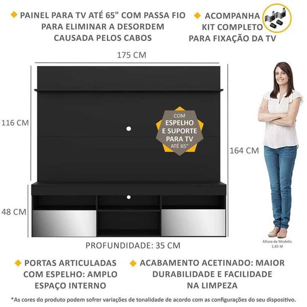 Imagem de Rack com Espelho e Painel TV 65" com Suporte  e Prateleira Madri Multimóveis Preto