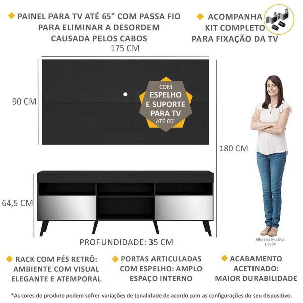 Imagem de Rack com Espelho, Pés Retrô, Painel e Suporte TV 65" com 2 Portas Londres Multimóveis Preto