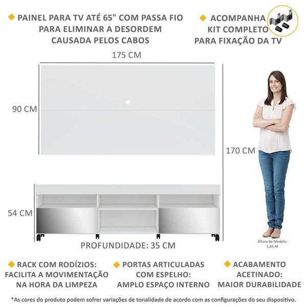 Imagem de Rack com Espelho, Rodízios, Painel e Suporte TV 65" com 2 Portas Londres Multimóveis Branco