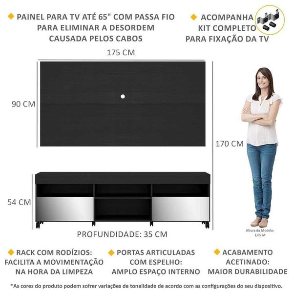 Imagem de Rack com Espelho, Rodízios, Painel e Suporte TV 65" com 2 Portas Londres Multimóveis Preto