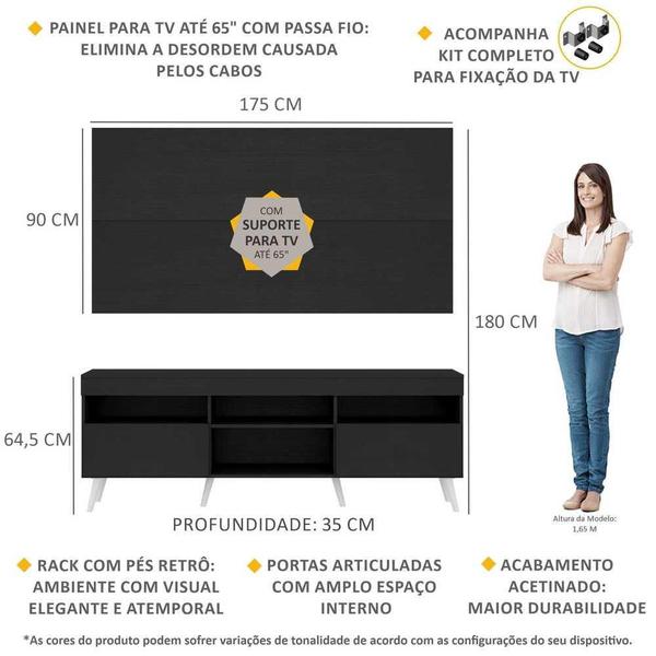 Imagem de Rack com Painel e Suporte para TV até 65" Pés Retrô com 2 Portas Londres Multimóveis Preto/Branco